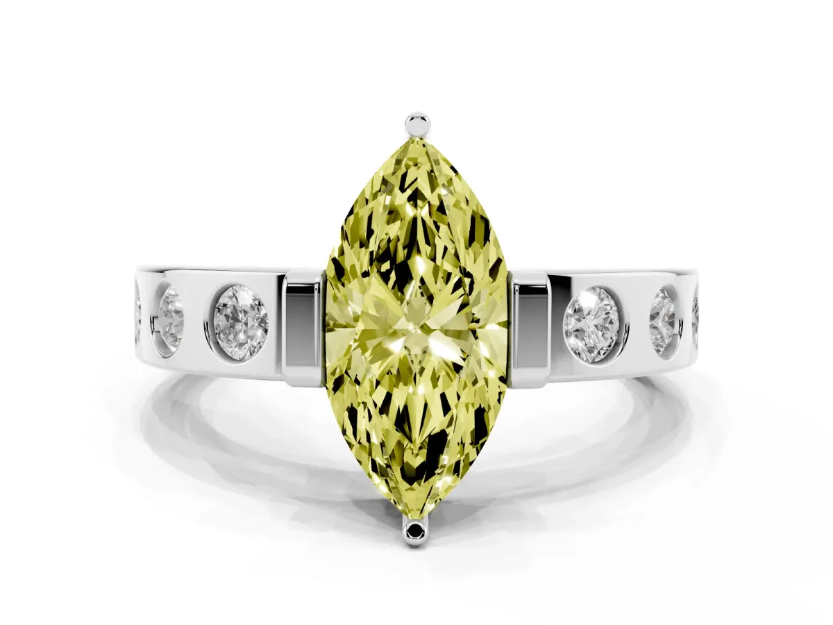 Fancy Yellow Marquise Cut Brilliant Channel-Set Diamond Ring with Bezel Prong Setting Silver