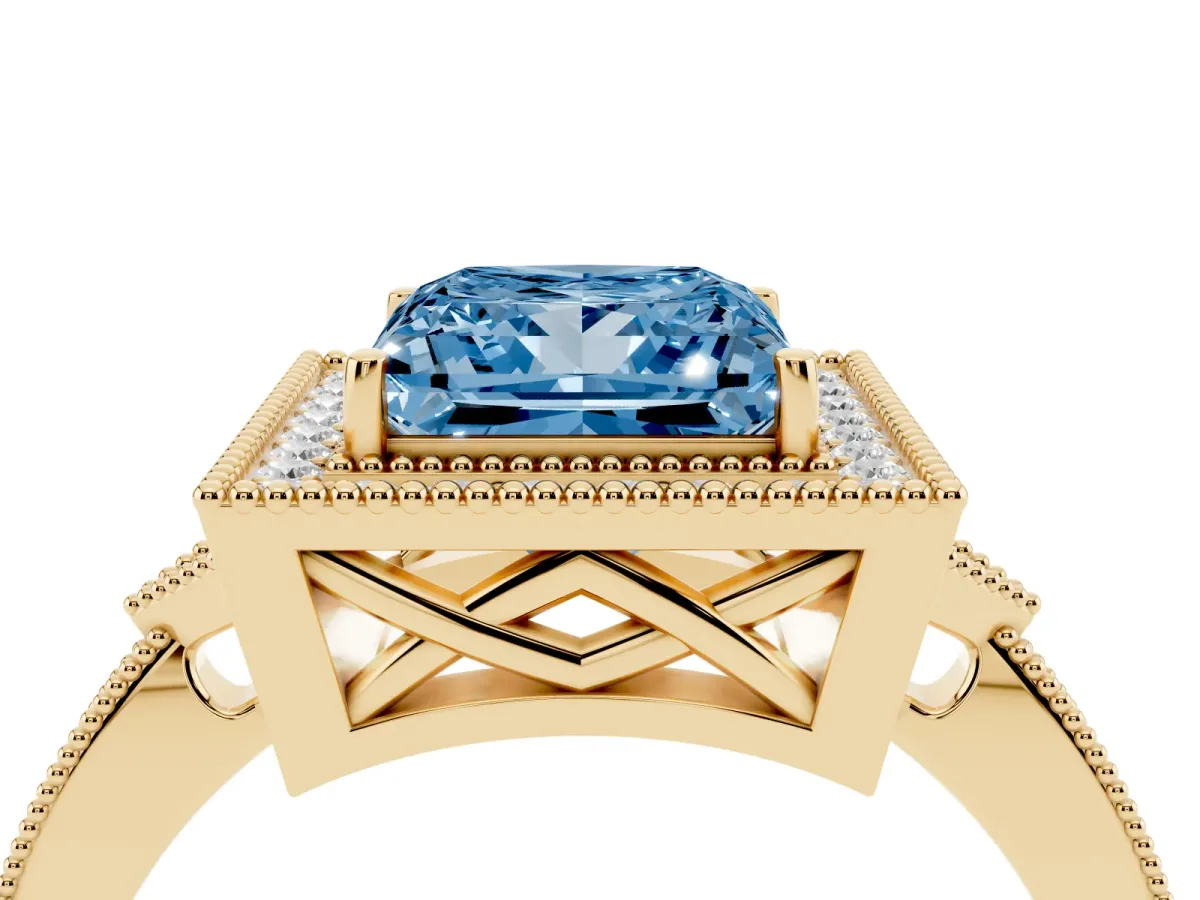 Fancy Blue Princess Cut Halo Round Diamond Milgrain Pave Engagement Ring Yellow gold