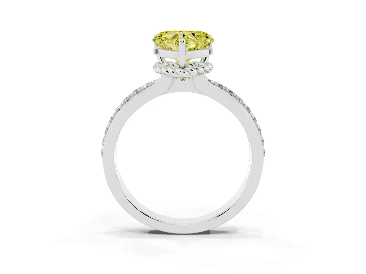 Fancy Yellow Heart Cut Solitaire Diamond Ring with Channel Set Band and Six-Prong Setting Platinum