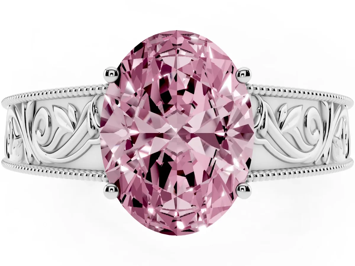 Fancy Pink Oval Cut Diamond Solitaire Ring with Engraved Band and Four-Prong Setting Silver