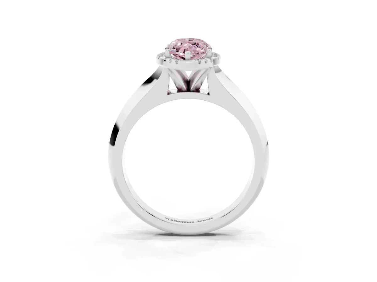 Fancy Pink Marquise Cut Halo Diamond Ring with Cathedral Band and Four-Prong Setting Platinum