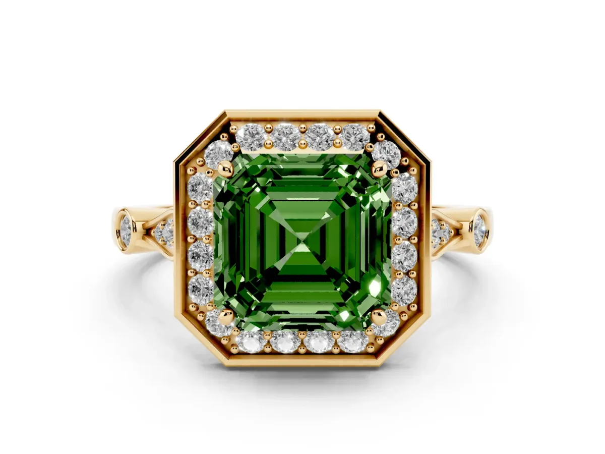 Fancy Green Asscher Cut Halo Diamond Engagement Ring with Twisted Band and Four-Prong Setting Yellow gold