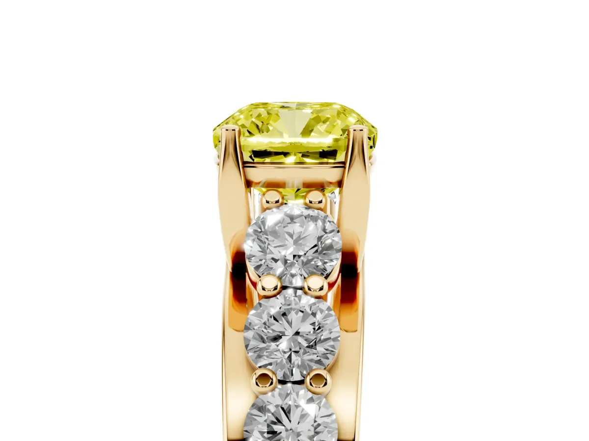 Fancy Yellow Cushion Cut Diamond Engagement Ring with Pavé Band and Four-Prong Setting Yellow gold