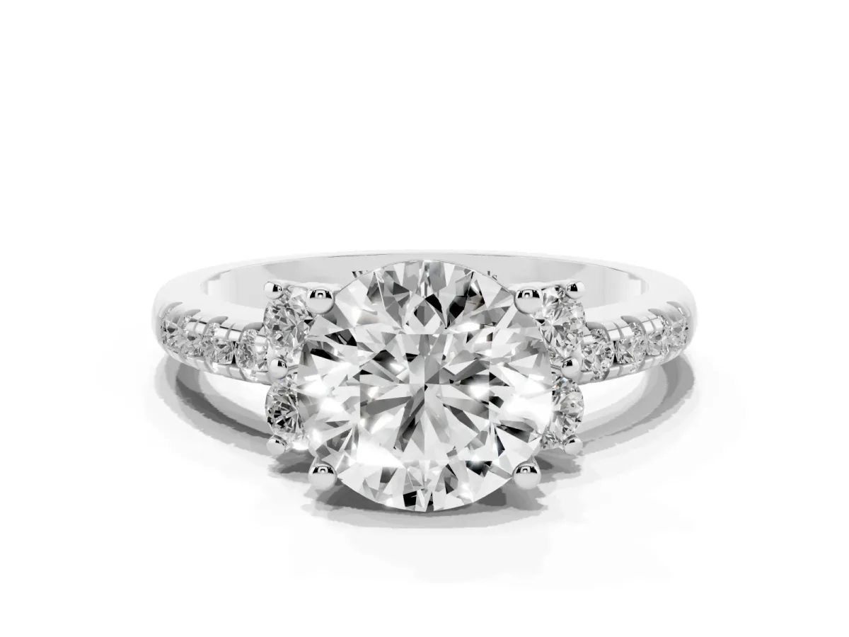 Round Cut Diamond Three-Stone Pave Band with Four-Prong Setting Silver