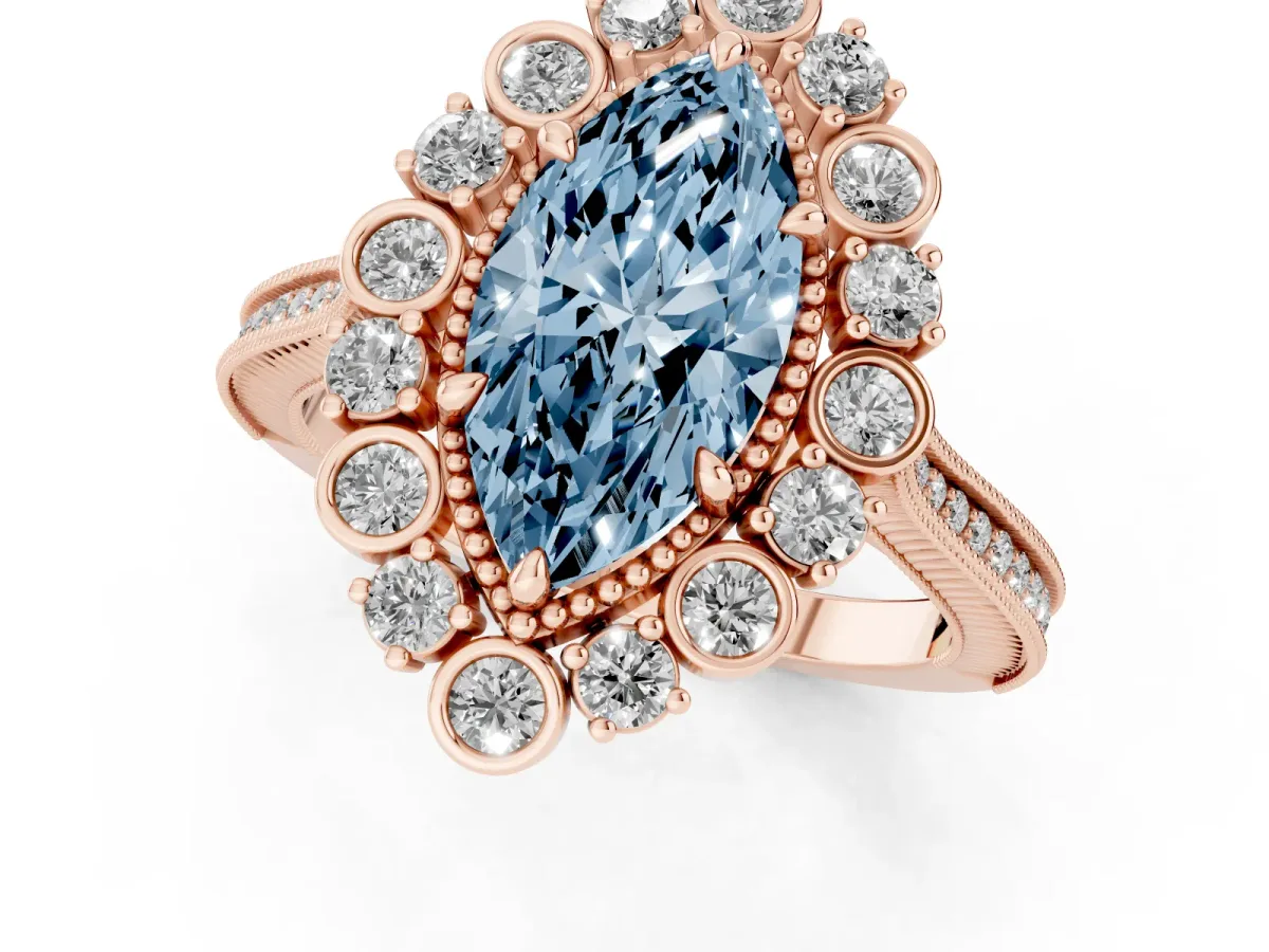 Fancy Blue Marquise Cut Halo Milgrain Pave Diamond Ring with Four-Prong Setting Rose gold