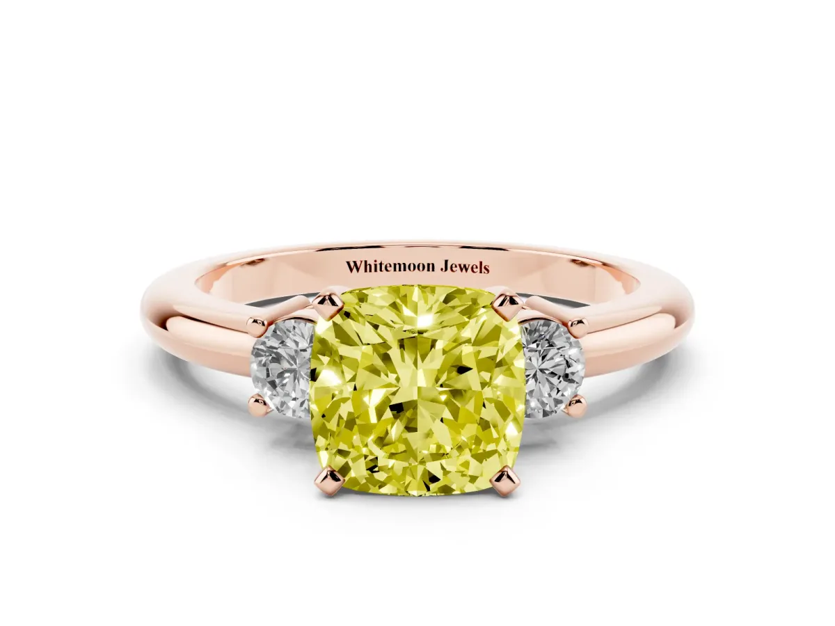 Fancy Yellow Three-Stone Cushion Cut Cut Diamond Solitaire with Prong Setting and Classic Band Rose gold