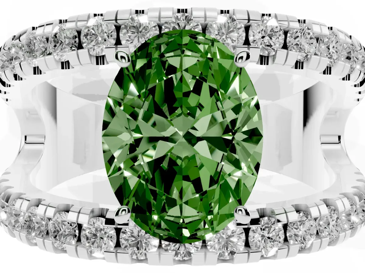 Fancy Green Oval Cut Solitaire Split Shank Pave Diamond Ring Silver