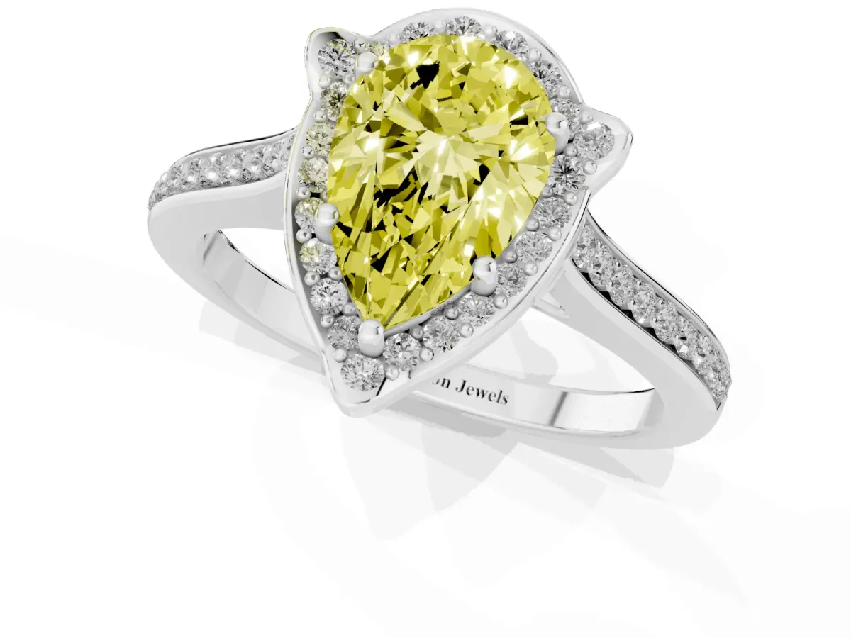 Fancy Yellow Pear Cut Halo Round Diamond Pave Band with Four-Prong Setting Silver