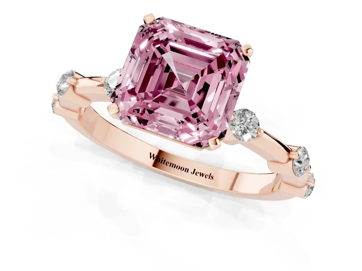 Fancy Pink Asscher Cut Solitaire Diamond Ring with Bezel Set Side Stones and Prong Setting Rose gold