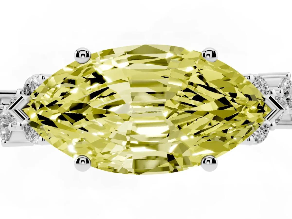 Fancy Yellow Marquise Cut Diamond Scattered Round Accent Ring with Prong Setting Silver