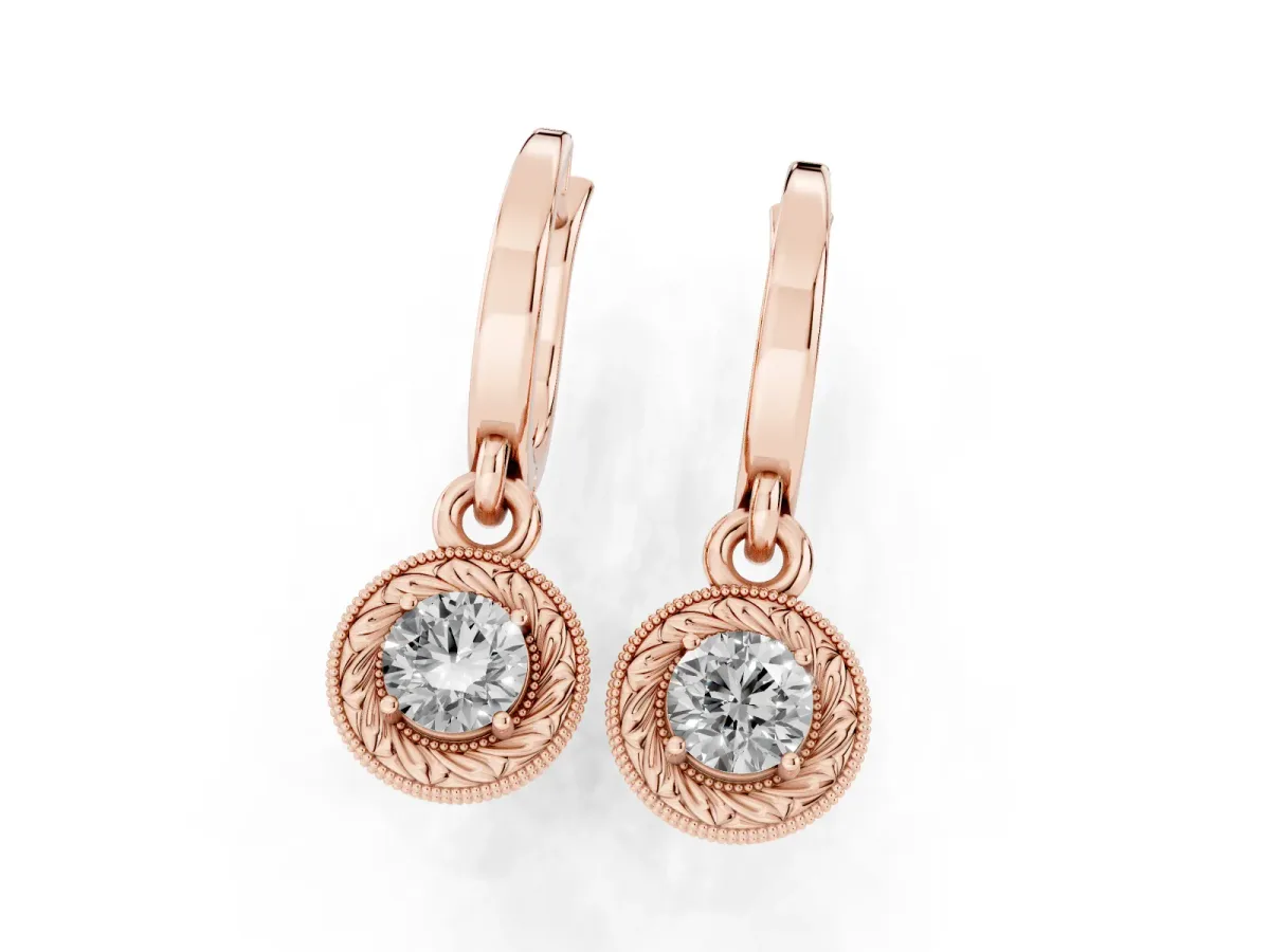 Round Cut Milgrain Bezel Set Leverback Earrings Rose gold