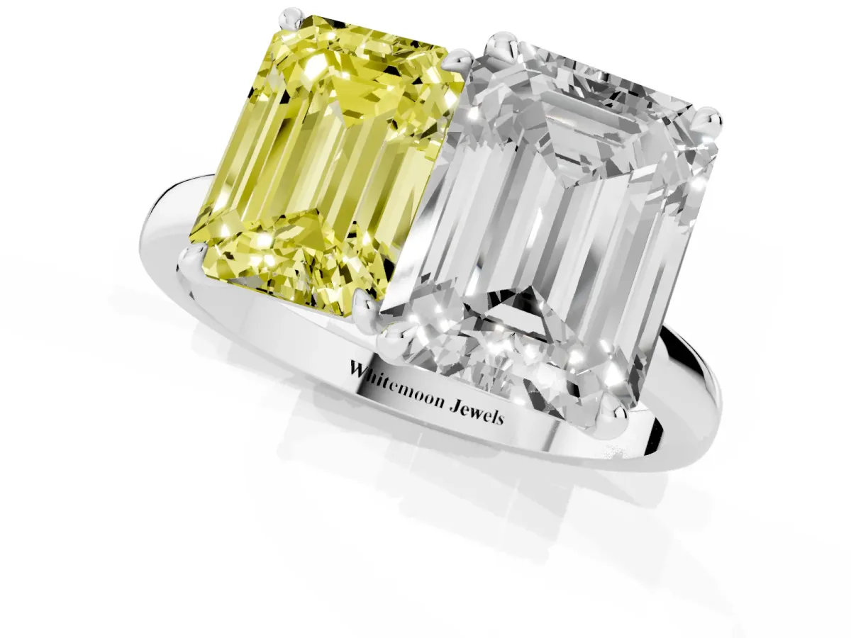 Fancy Yellow Emerald Cut and Emerald Cut Toi Moi Ring with Prong Setting Silver