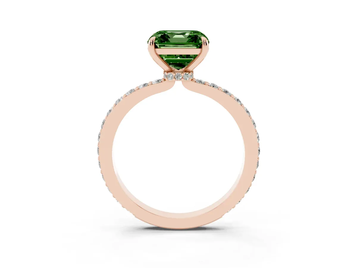 Fancy Green Asscher Cut Diamond Solitaire Engagement Ring with Pavé Band and Four-Prong Setting Rose gold