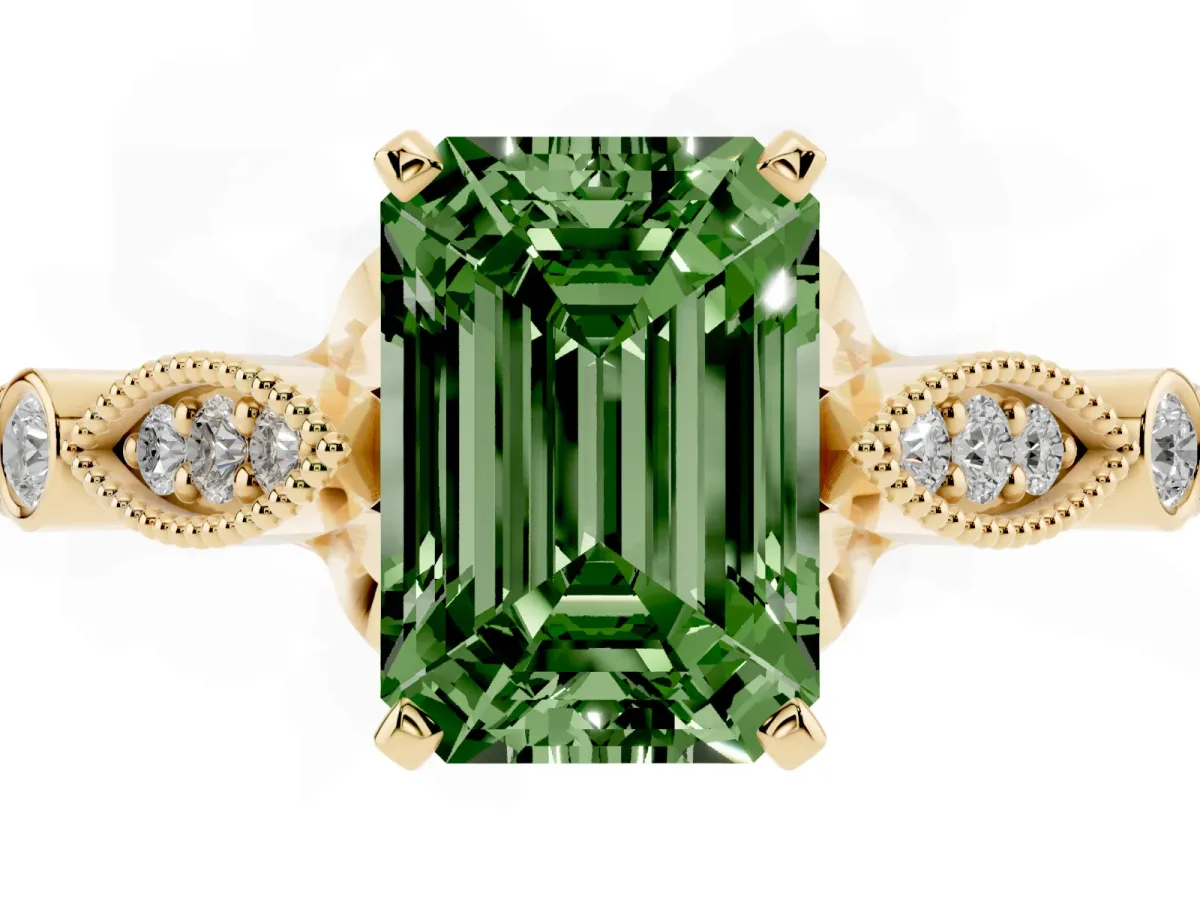 Fancy Green Emerald Cut Cut Diamond with Milgrain Marquise and Bezel Accents on a Solitaire Band with Prong Setting Yellow gold