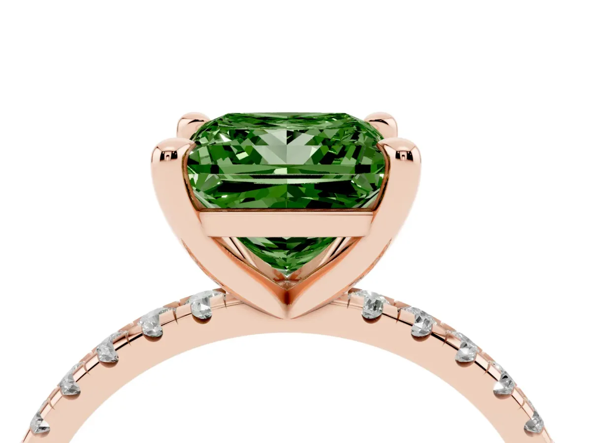 Fancy Green Princess Cut Diamond Brilliant Solitaire Ring with Pavé Band and Four-Prong Setting Rose gold