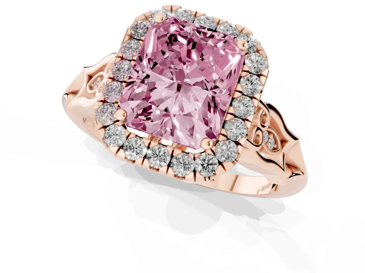 Fancy Pink Radiant Cut Halo Diamond Engagement Ring with Filigree Band and Four-Prong Setting Rose gold