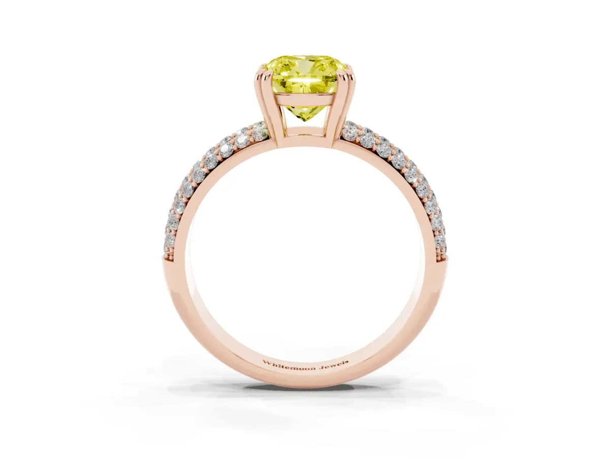 Fancy Yellow Cushion Cut Diamond Solitaire Ring with Multi-Row Round Pavé Band and Prong Setting Rose gold