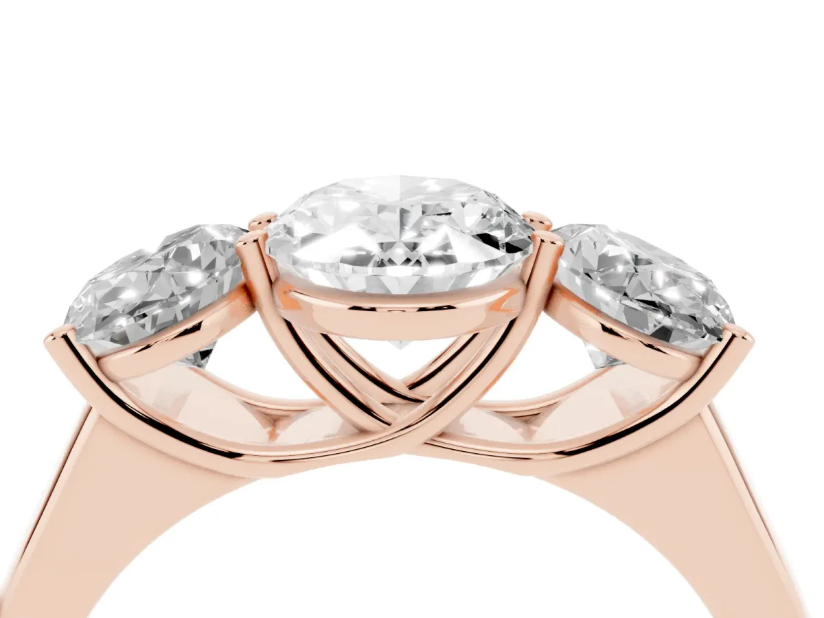 Oval Cut Three-Stone Diamond Ring with Prong Setting on a Classic Band Rose gold