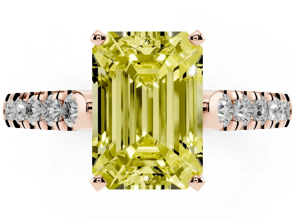 Fancy Yellow Emerald Cut Diamond Pavé Band Solitaire Ring with Prong Setting Rose gold