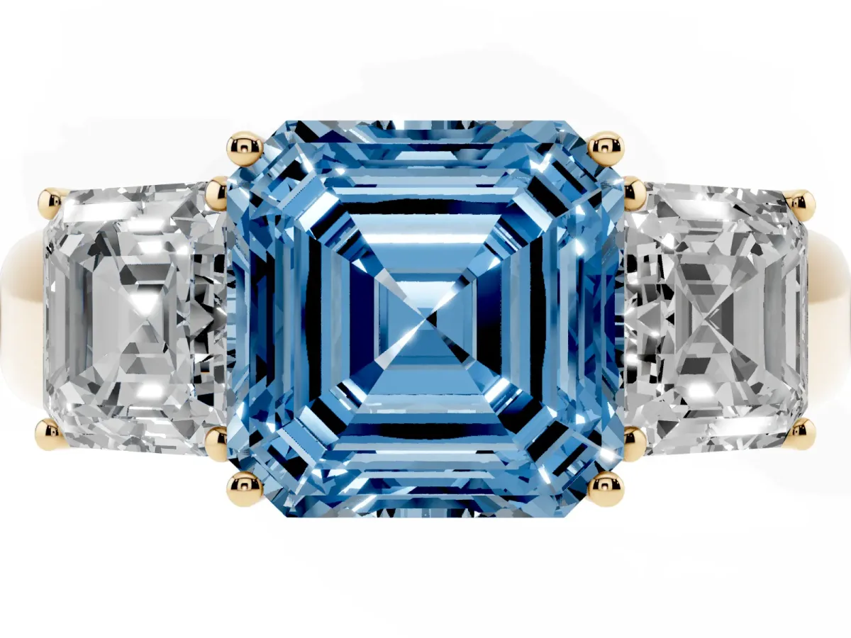 Fancy Blue Three-Stone Asscher Cut Cut Diamond Ring with Prong Setting and Classic Band Yellow gold