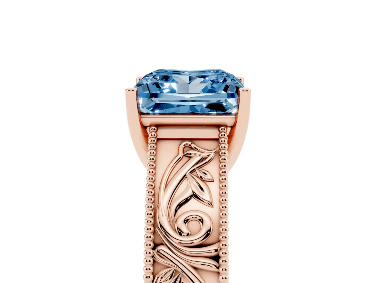 Fancy Blue Princess Cut Diamond Solitaire Ring with Engraved Band and Four-Prong Setting Rose gold