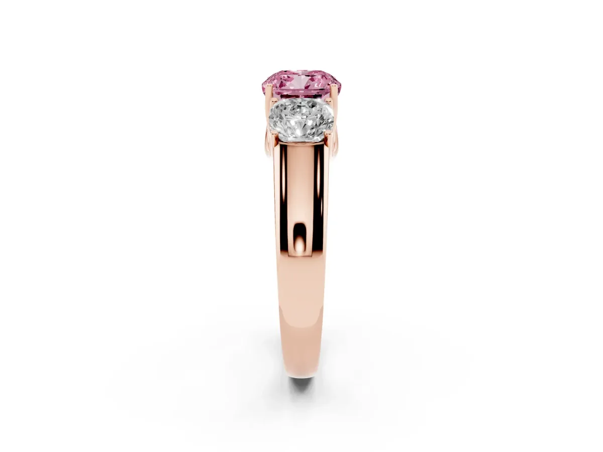 Fancy Pink Three-Stone Cushion Cut Cut Diamond Ring with Prong Setting and Classic Band Rose gold