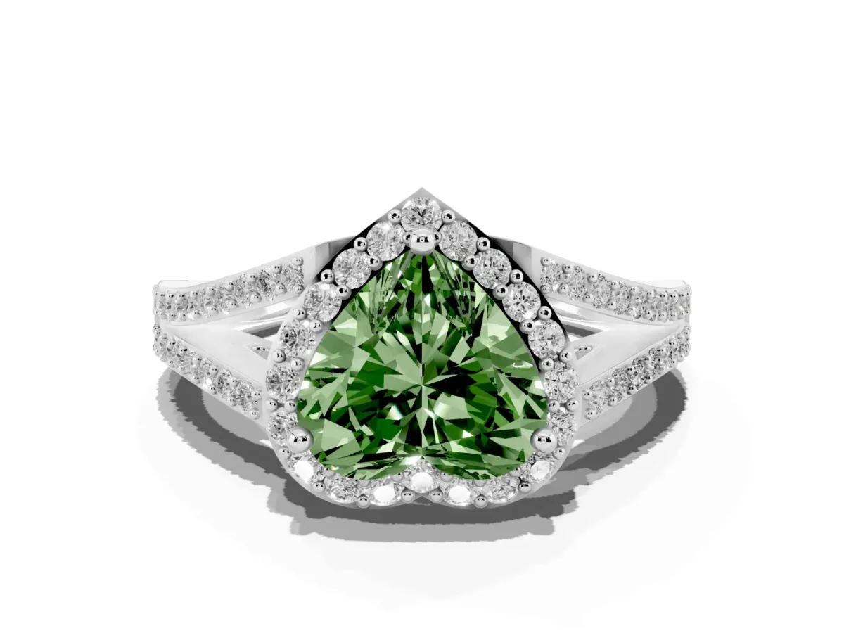 Fancy Green Heart Cut Halo Split Shank Diamond Ring with Prong Setting White gold