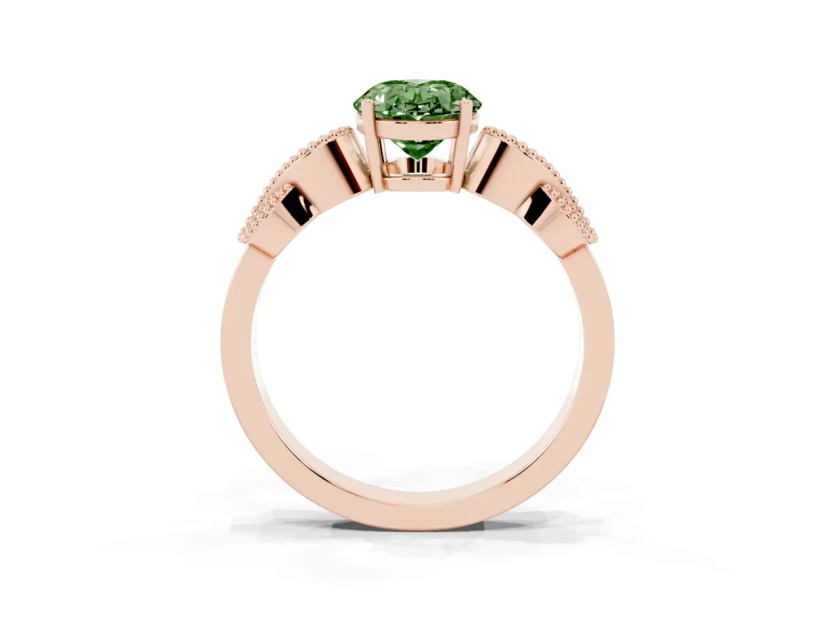 Fancy Green Oval Cut Solitaire Milgrain Leaf Band with Prong Setting Rose gold