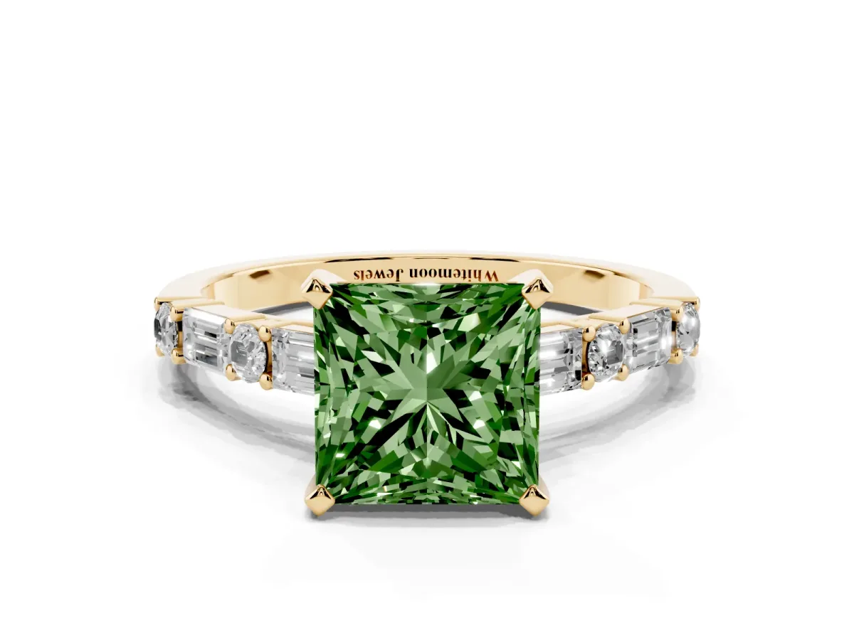 Fancy Green Princess Cut Diamond Solitaire with Side Baguettes and Channel Set Band Yellow gold