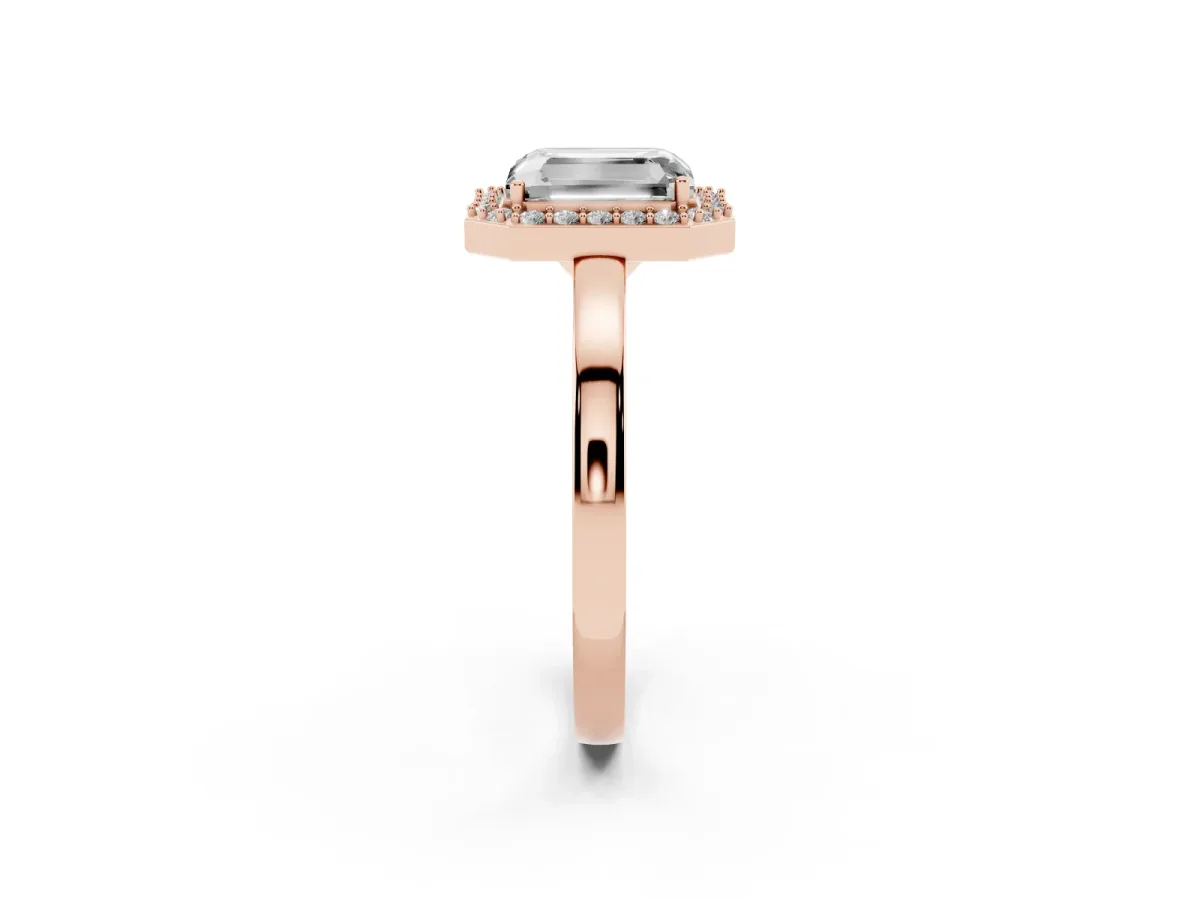Radiant Cut Halo Diamond Ring with Solitaire Band and Prong Setting Rose gold