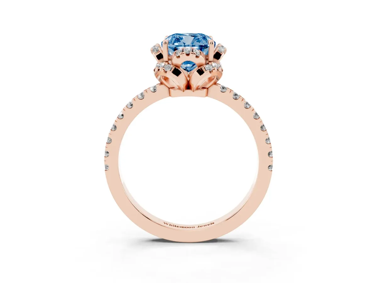 Fancy Blue Cushion Cut Halo Diamond Pave Band Ring with Four-Prong Setting Rose gold
