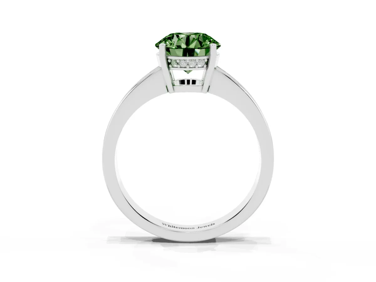 Fancy Green Round Cut Solitaire Pavé Band Prong Setting Ring Silver