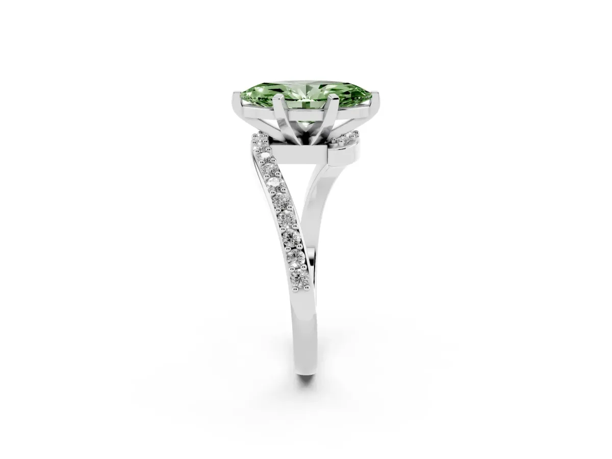 Fancy Green Marquise Cut Solitaire Twist Band with Pave Set Diamonds and Four-Prong Setting White gold