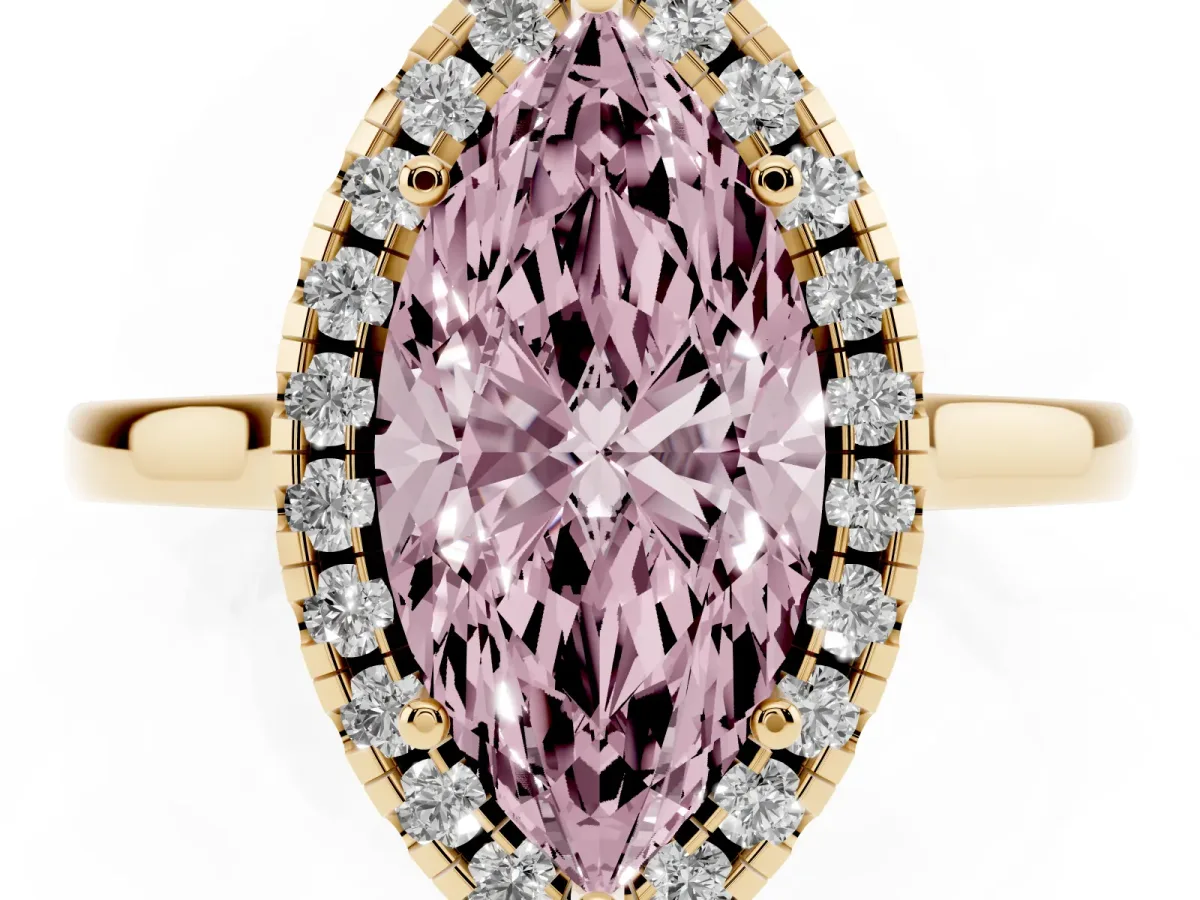 Fancy Pink Marquise Cut Halo Round Diamond Solitaire Ring with Pavé Band and Four-Prong Setting Yellow gold