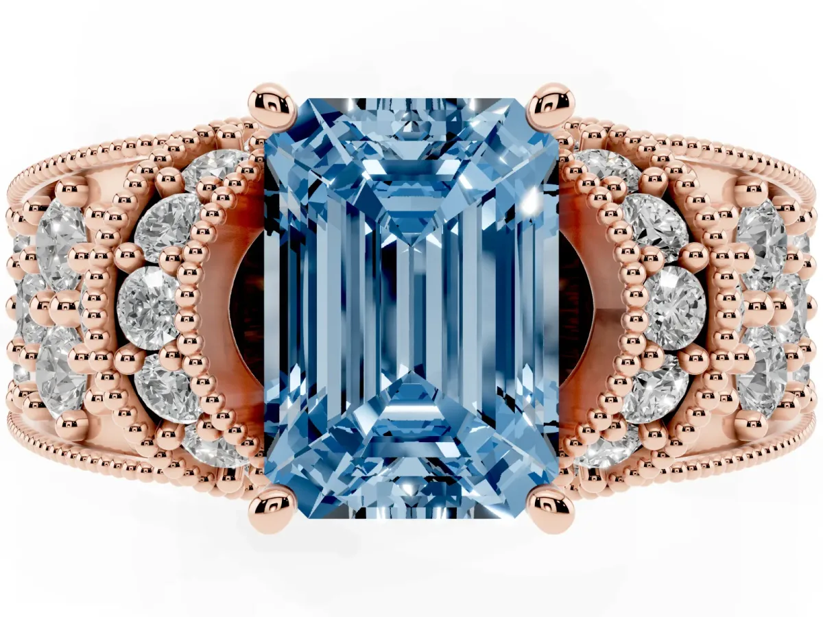 Fancy Blue Emerald Cut Halo Pave Diamond Engagement Ring with Milgrain Detailing Rose gold