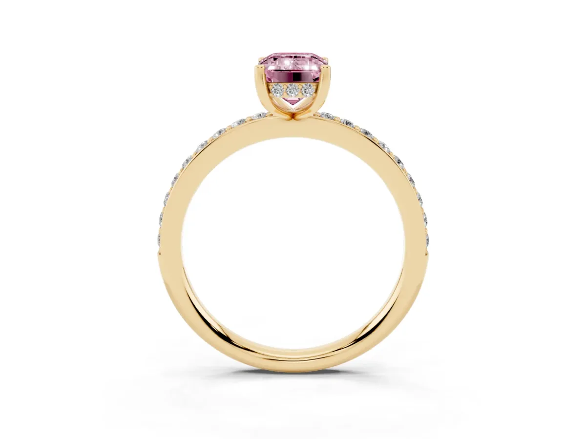 Fancy Pink Emerald Cut Cut Diamond Pavé Band Ring with Four-Prong Setting Yellow gold