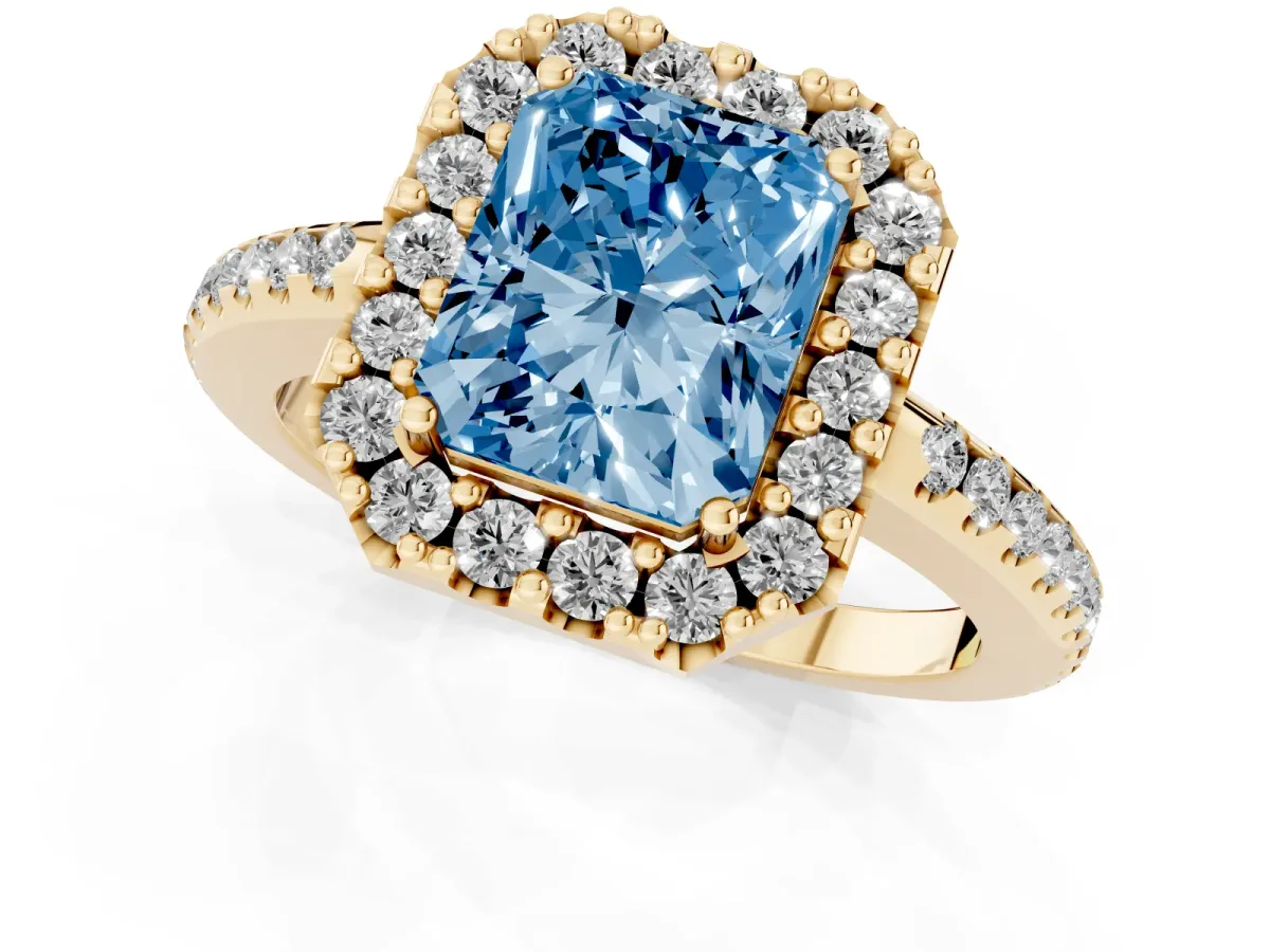 Fancy Blue Radiant Cut Diamond Pavé Halo Ring with Four-Prong Setting Yellow gold