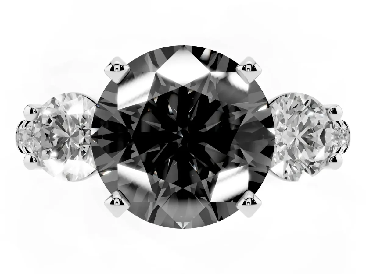 Fancy Black Three-Stone Round Cut Diamond Pavé Band with Four-Prong Setting Silver