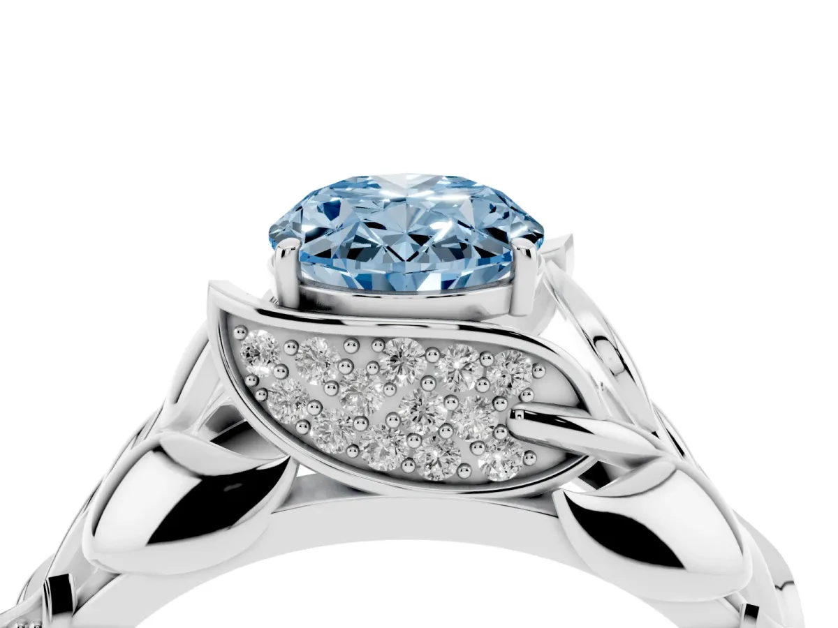 Fancy Blue Oval Cut Diamond Leaf-Inspired Engagement Ring with Round Accents and Prong Setting Silver