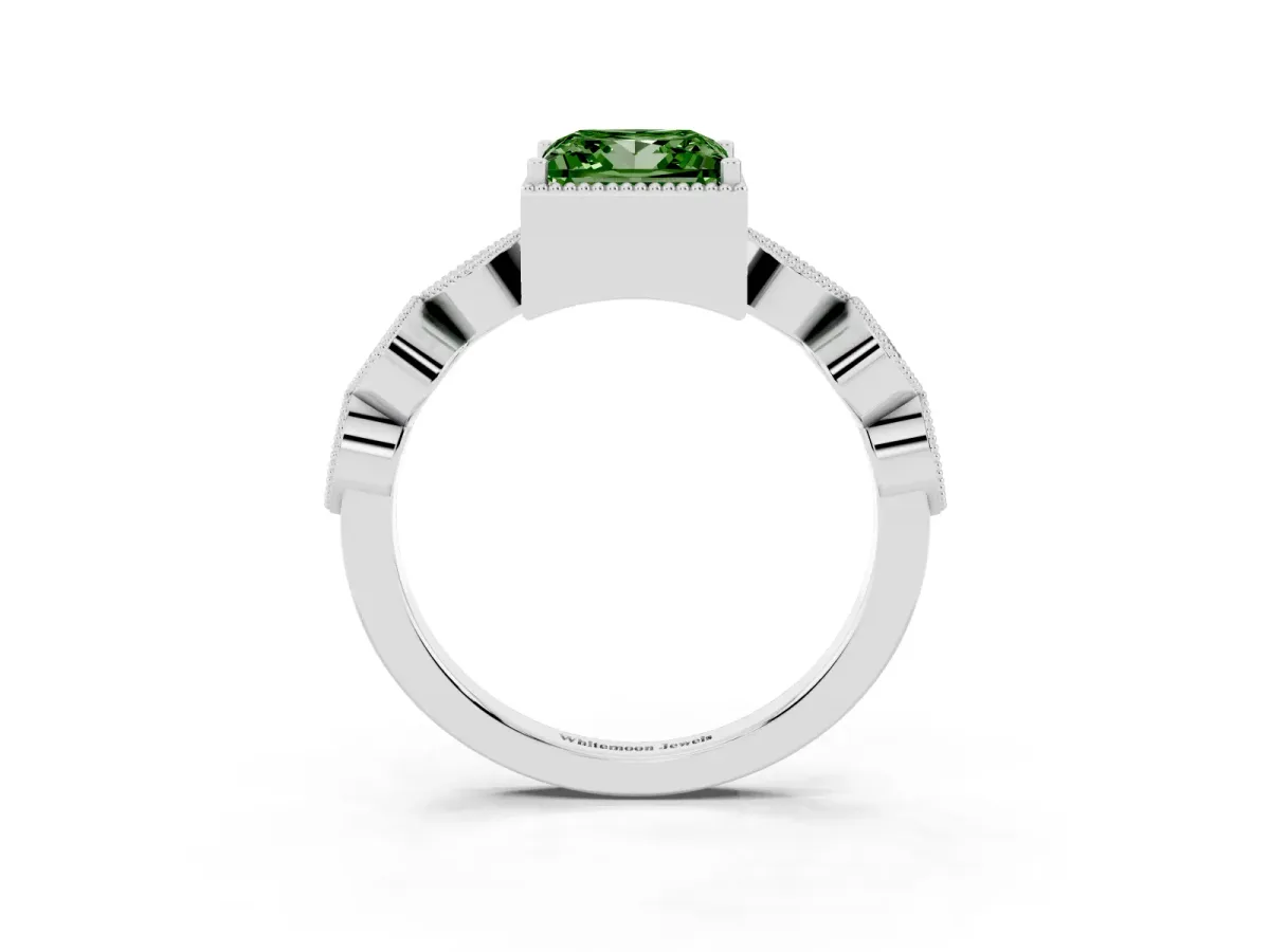 Fancy Green Princess Cut Diamond Vintage Milgrain Ring with Round Stations Silver