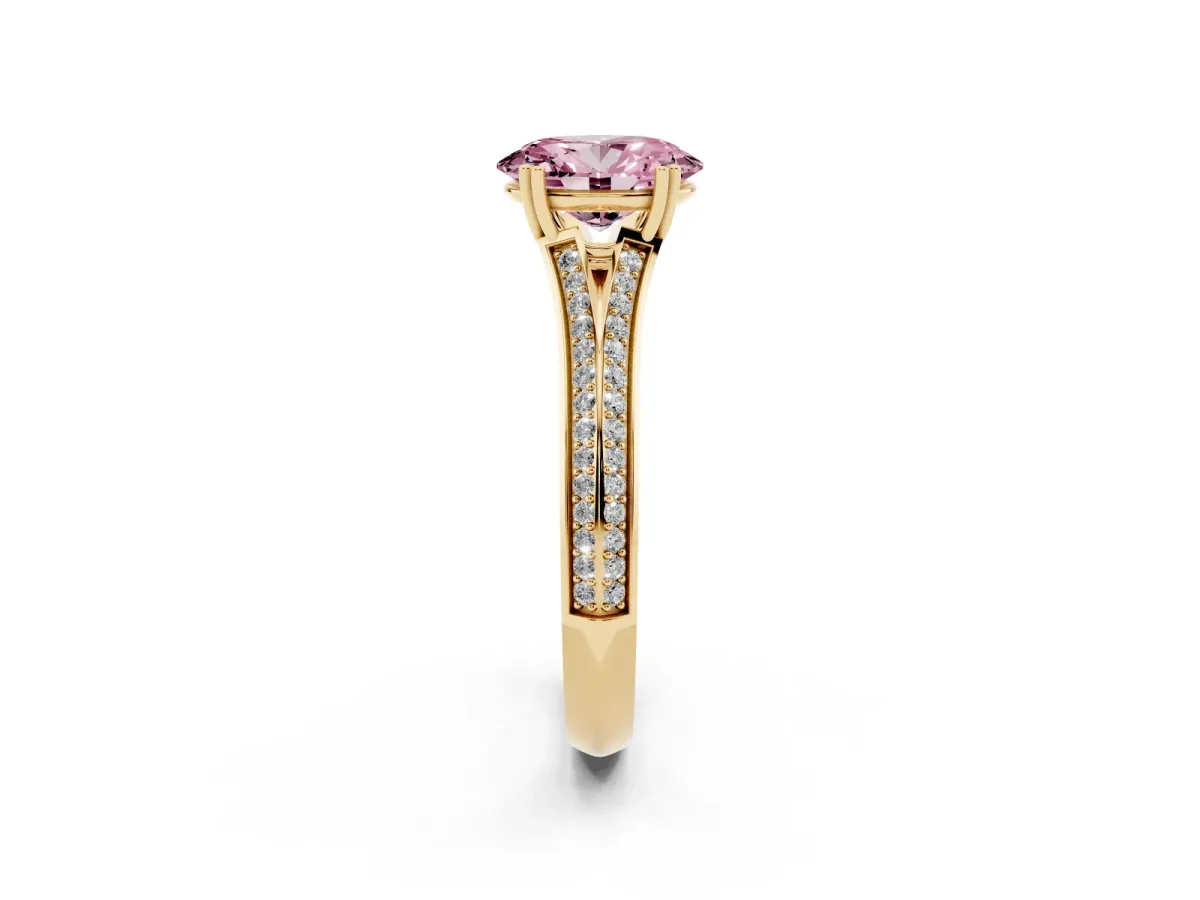 Fancy Pink Oval Cut Diamond Split Shank Engagement Ring with Pavé Band Yellow gold