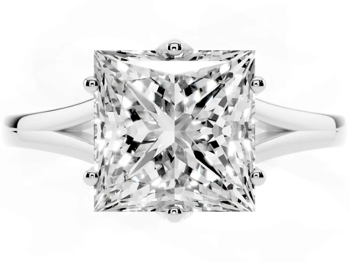 Princess Cut Solitaire Diamond Ring with Six-Prong Setting and Tapered Band Silver