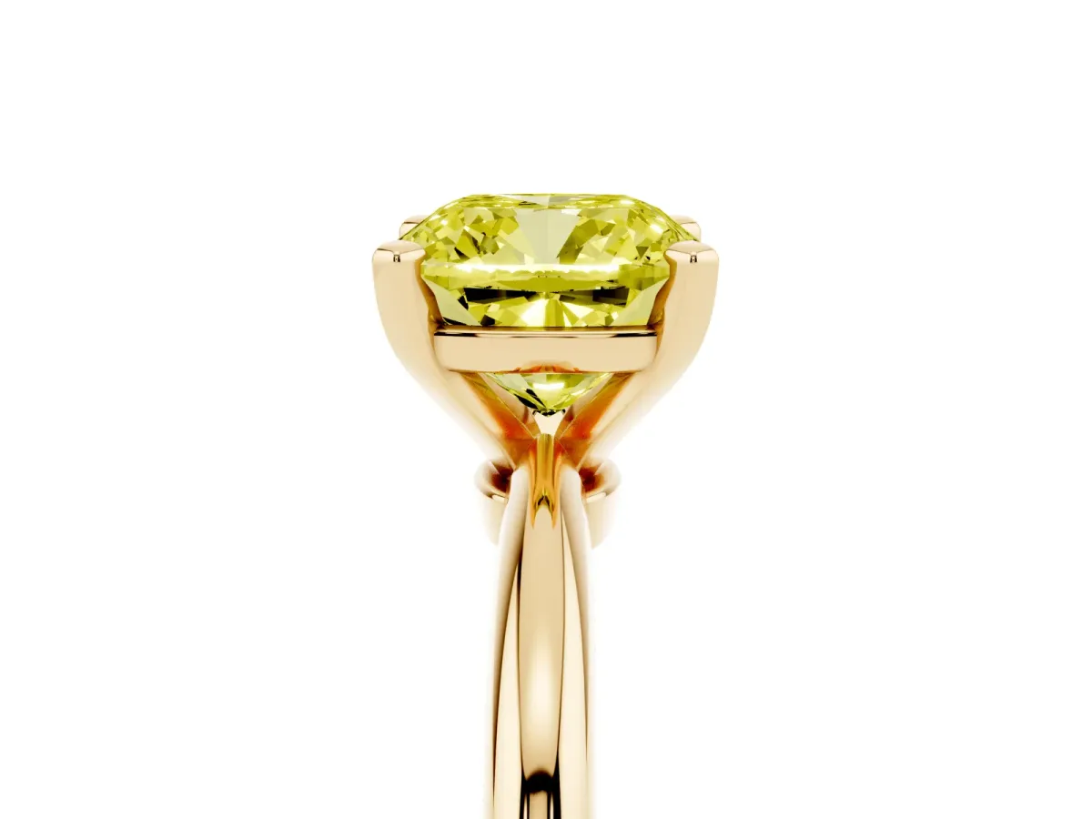Fancy Yellow Cushion Cut Diamond Solitaire Ring with Prong Setting and Classic Band Yellow gold