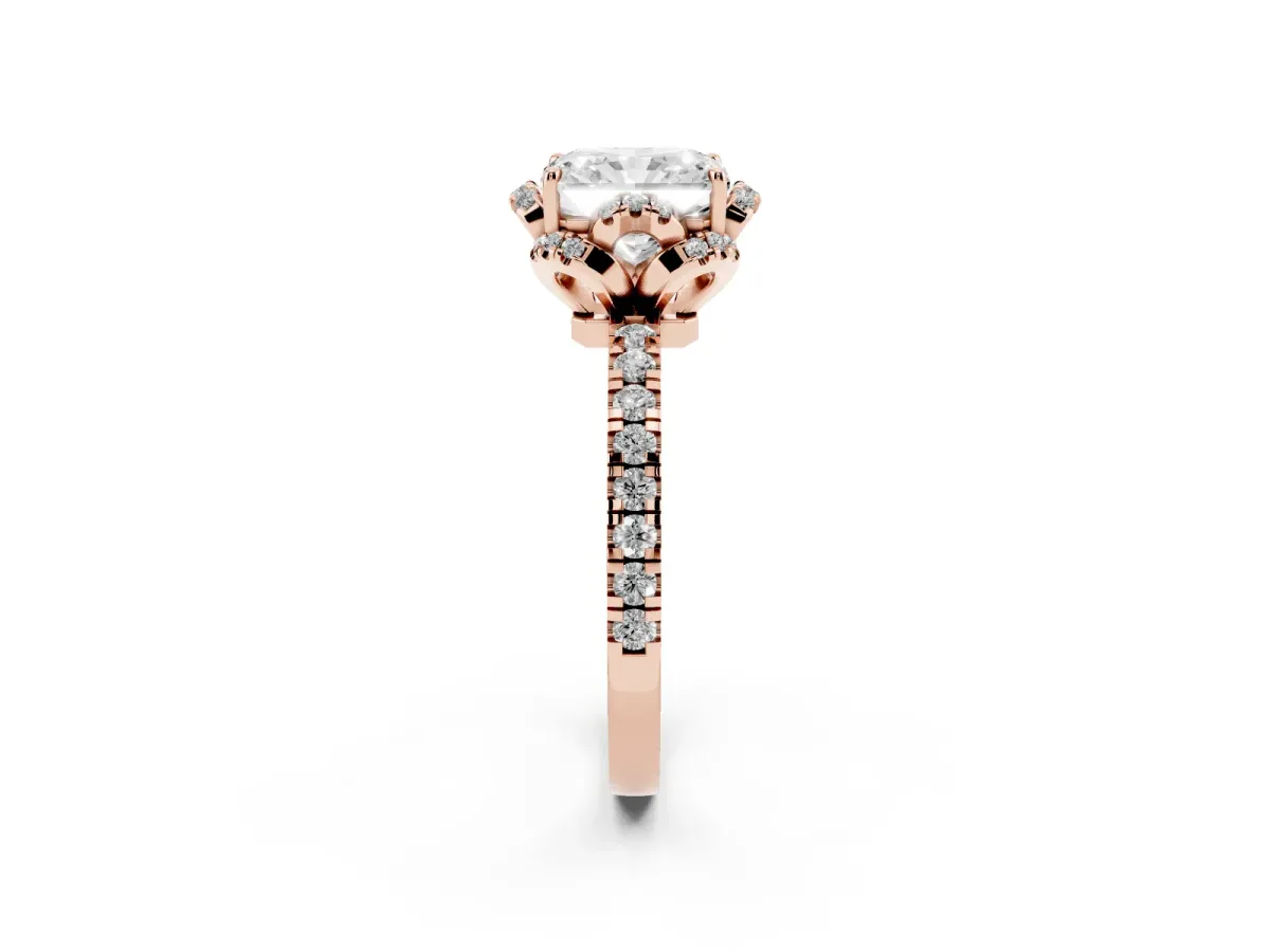 Radiant Cut Halo Diamond Pave Band Ring with Four-Prong Setting Rose gold