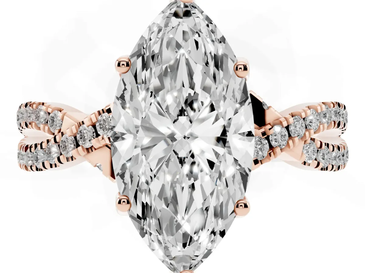 Marquise Cut Solitaire Twist Pave Diamond Engagement Ring with Prong Setting Rose gold