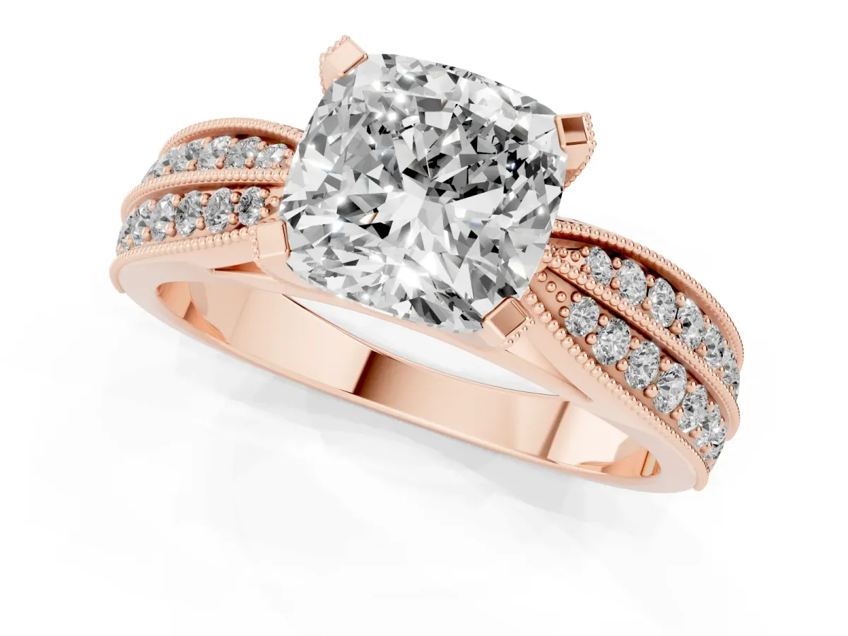 Cushion Cut Diamond Solitaire Ring with Milgrain Round Pavé Band and Prong Setting Rose gold