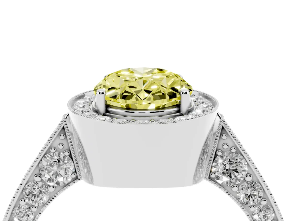 Fancy Yellow Oval Cut Halo Diamond Engagement Ring with Split Shank Band and Four-Prong Setting Silver