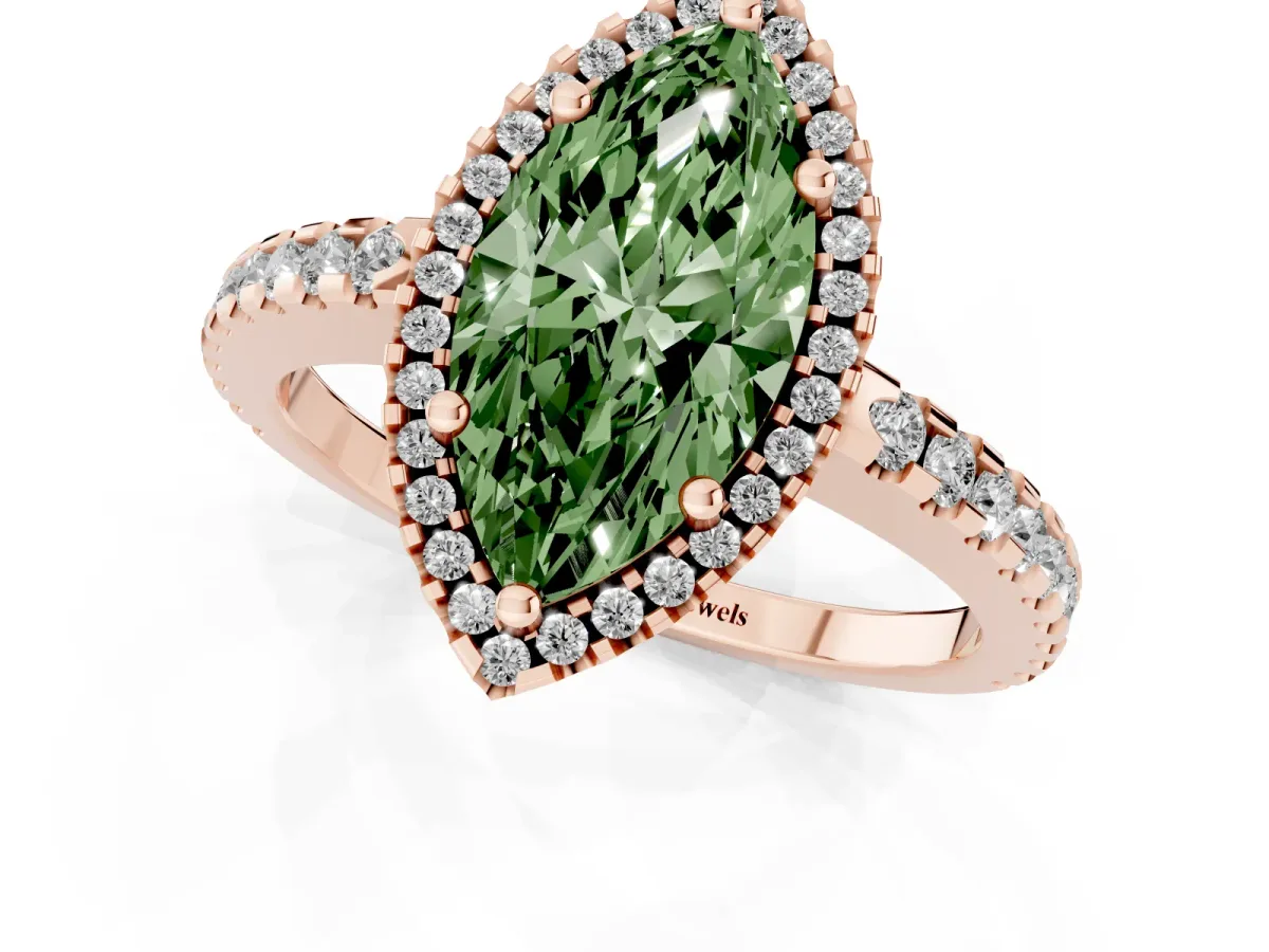 Fancy Green Marquise Cut Diamond Halo Engagement Ring with Pavé Band and Prong Setting Rose gold
