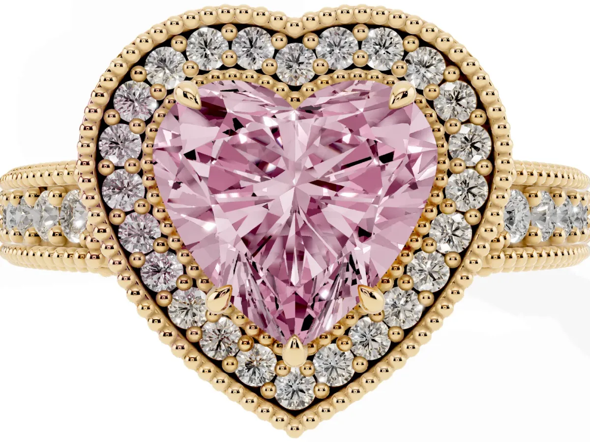 Fancy Pink Heart Cut Cut Halo Diamond Ring with Pavé Band and Four-Prong Setting Yellow gold
