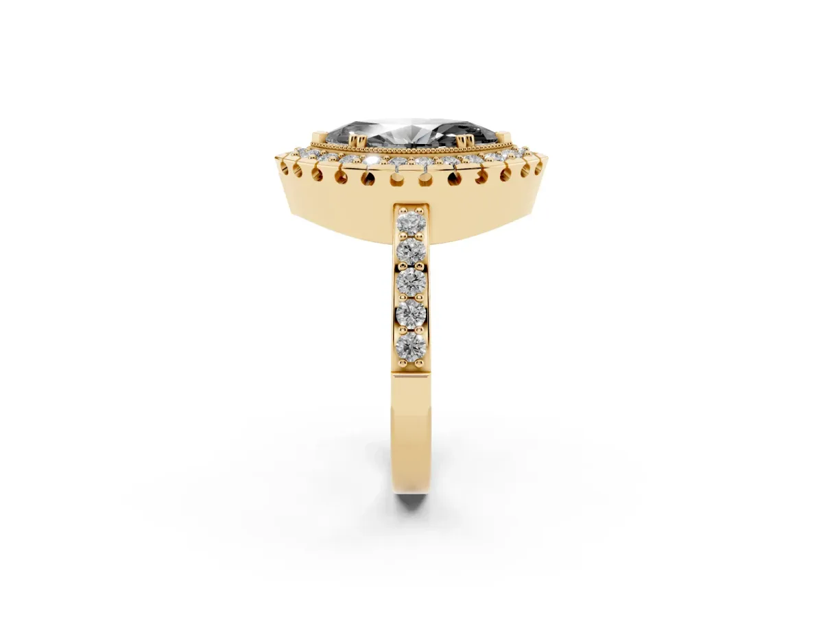 Fancy Black Marquise Cut Diamond Halo Ring with Pavé Band and Prong Setting Yellow gold